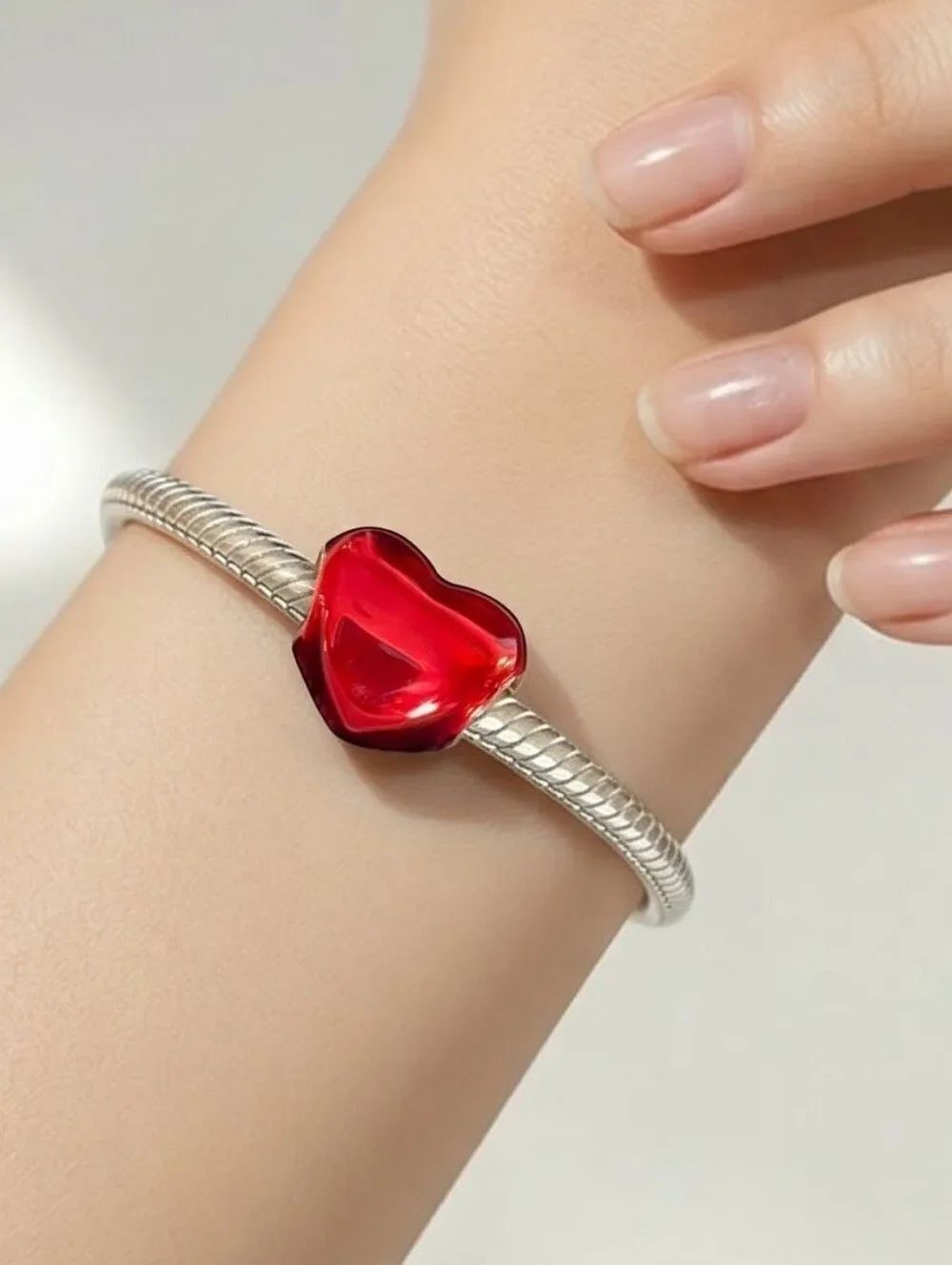 Puffy Metallic Red Heart Bracelet Charm Shiny Enamel Love Girlfriend BFF Gifts